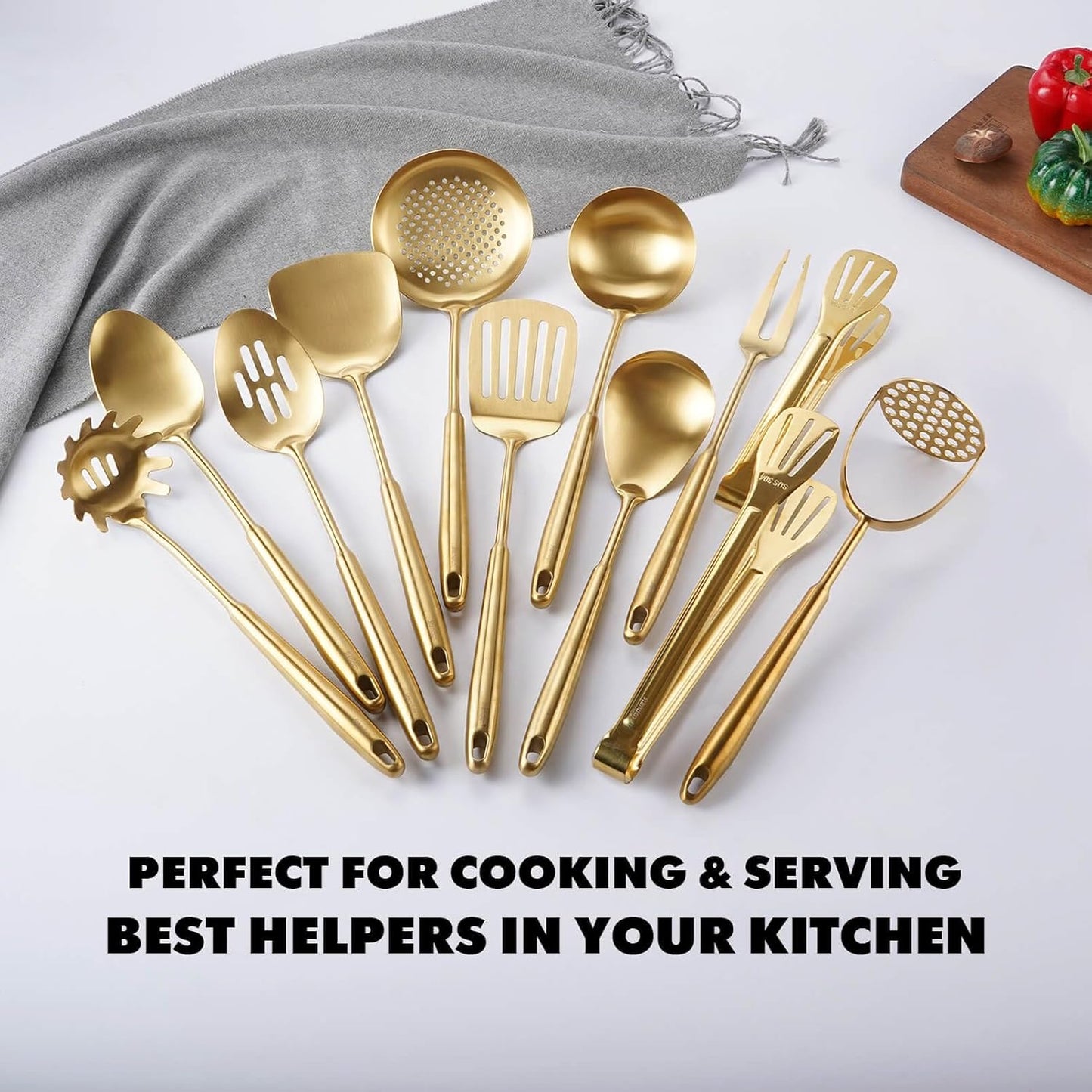Gold Kitchen Utensils Set, 12 PCS Brass Matte Serving Utensils, 18/10 Stainless Steel All Metal Cooking Tools - Potato Masher, Tongs, Meat Fork, Spatula, Turner, Ladle, Skimmer, Spaghetti Spoon Set