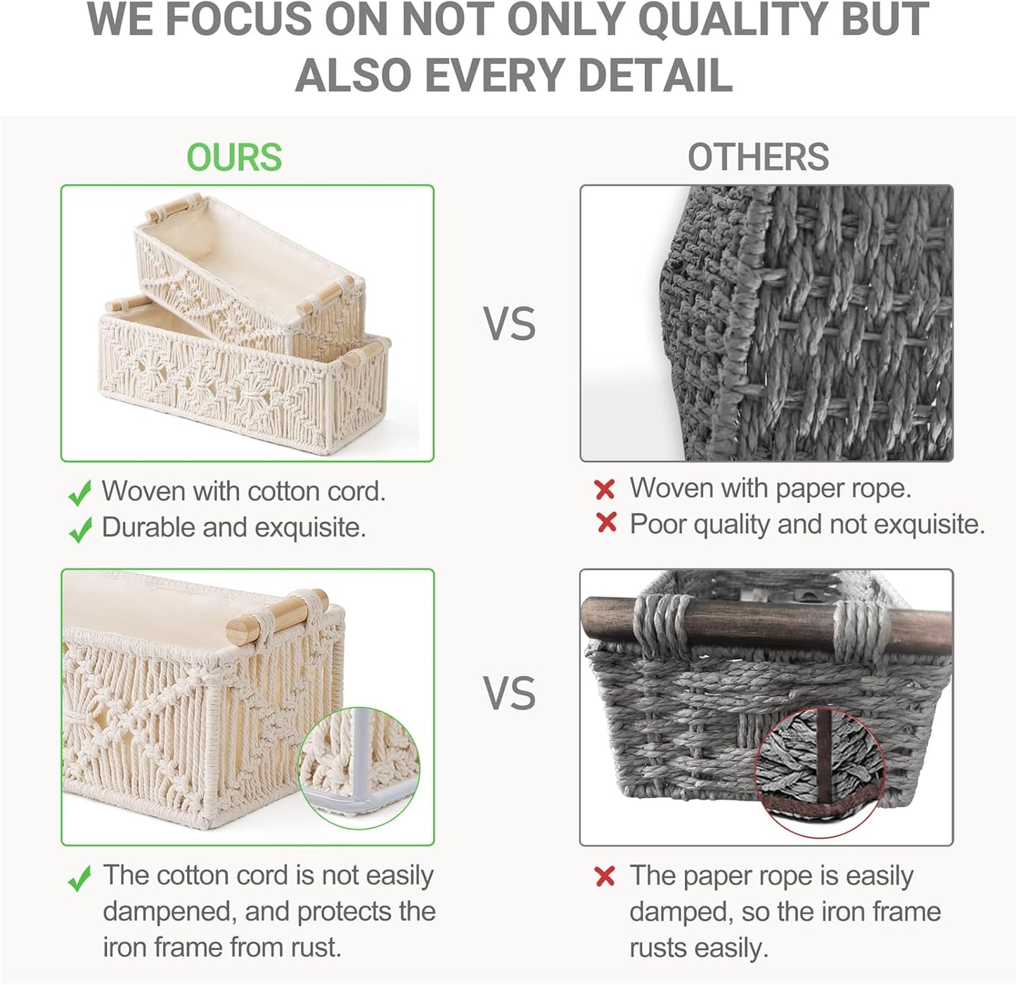 Mkono Macrame Storage Baskets Boho Decor Box Handmade Woven Decorative Countertop Toilet Tank Shelf Cabinet Organizer for Bedroom Livingroom Home, Set of 2, Ivory