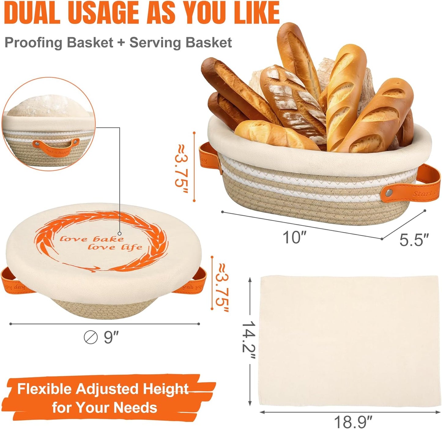HASHMUST Banneton Bread Proofing Basket Set, 9 Inch Round & 10 Inch Oval Cotton Rope Proofing Bowls with Liners Covers & 14x19 Inch Thick Baguettes Cloth, Sourdough Dough Loaves Baking Supplies Gifts