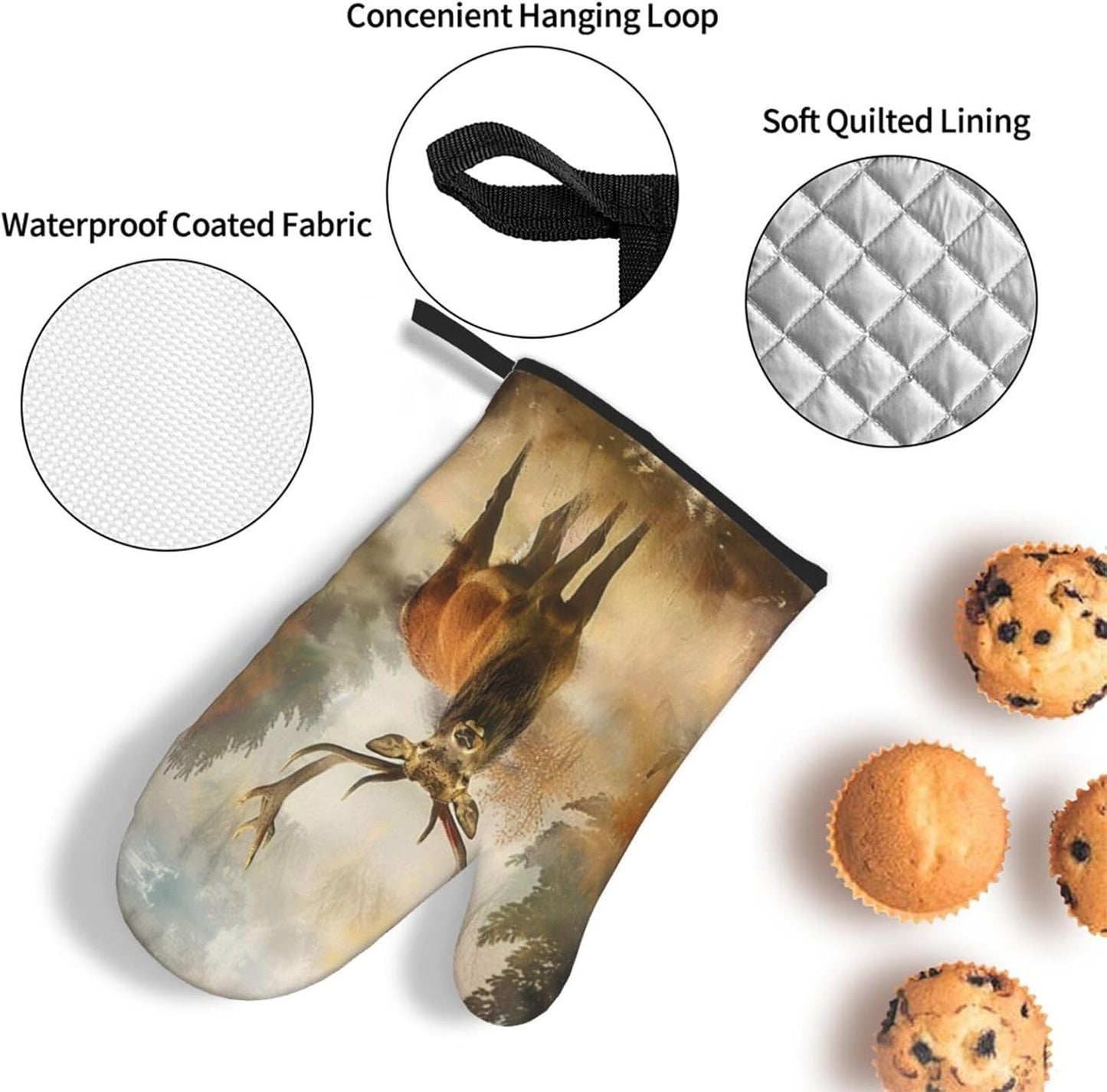 Deer Art Oven Mitts and Pot Holders Sets of 3 Heat Resistant Oven Gloves Hot Pads Non-Slip Kitchen Accessories for Baking Cooking Grilling BBQ