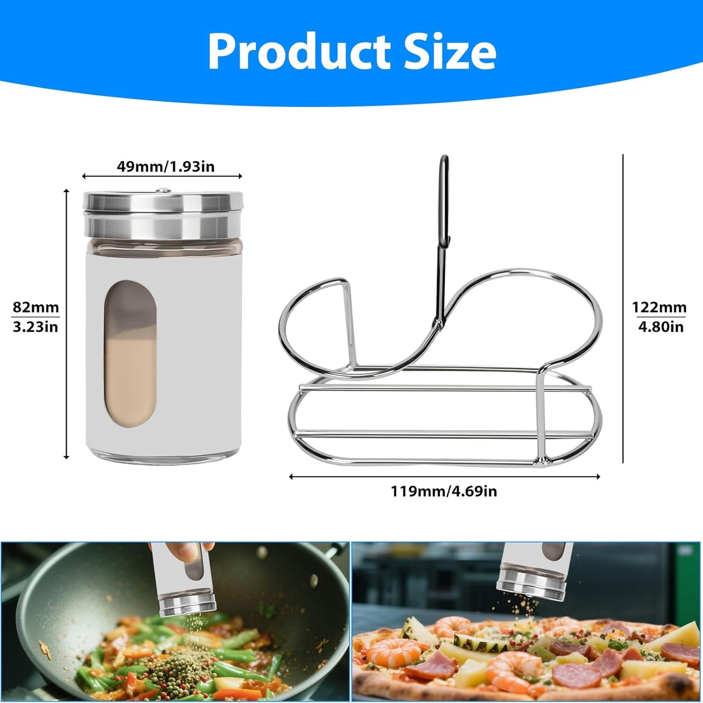 Glass Salt and Pepper Shaker Set with Seasoning Rack, Spice Rack, Adjustable Pour Hole Stainless Steel Lid, 2.8 oz, Spice Dispenser for Salt, Pepper, Spice Preservation (white)