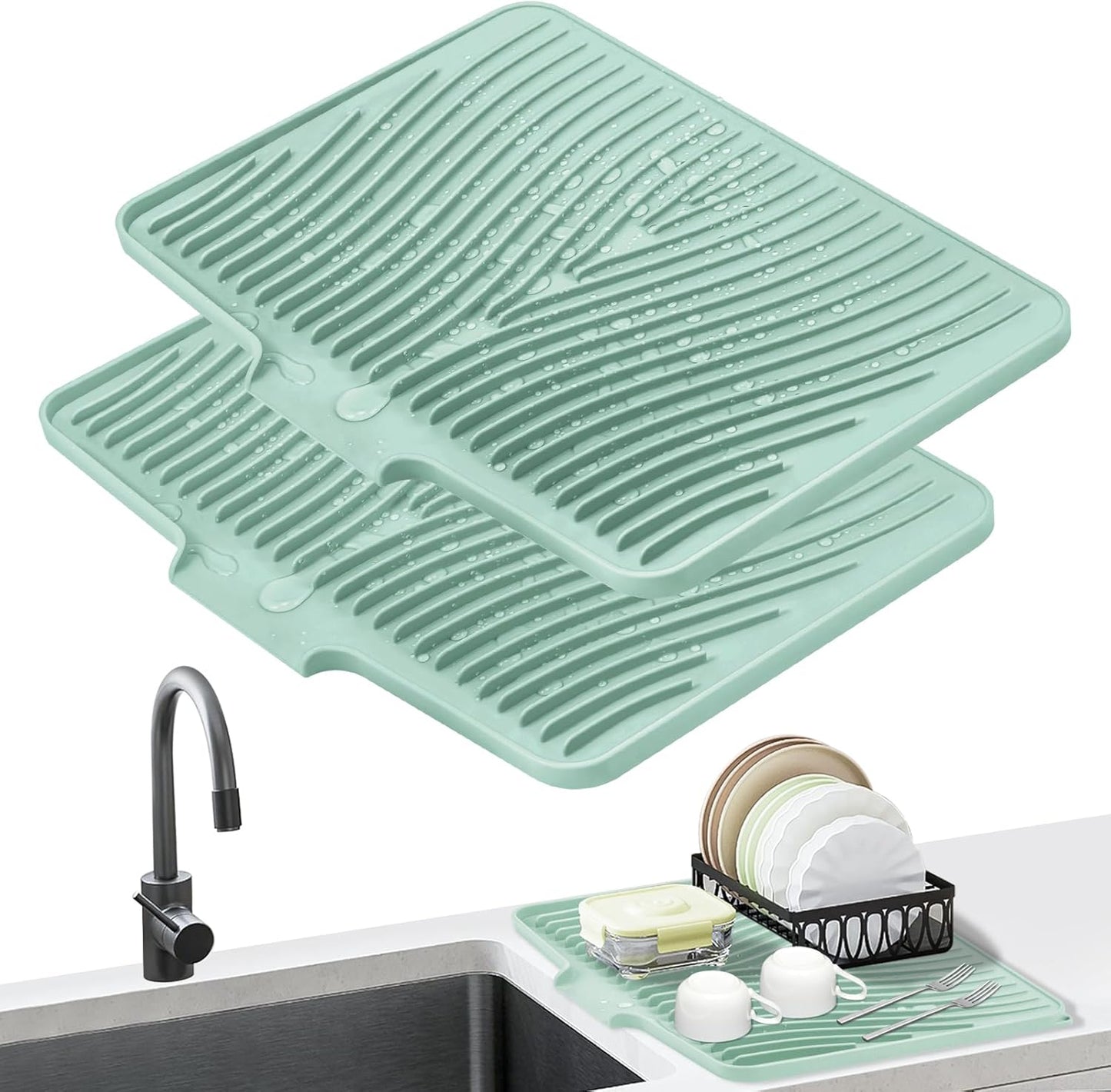Dish Drying Mat, Stone Drying Mat for Kitchen Counter with Built-in Drain, Non-Slip Drying Matt Kitchen Counter, Heat Resistant Silicone Drying Mat, Dish Drying Pad, 2 Pcs (Mint 19.7" x 17")