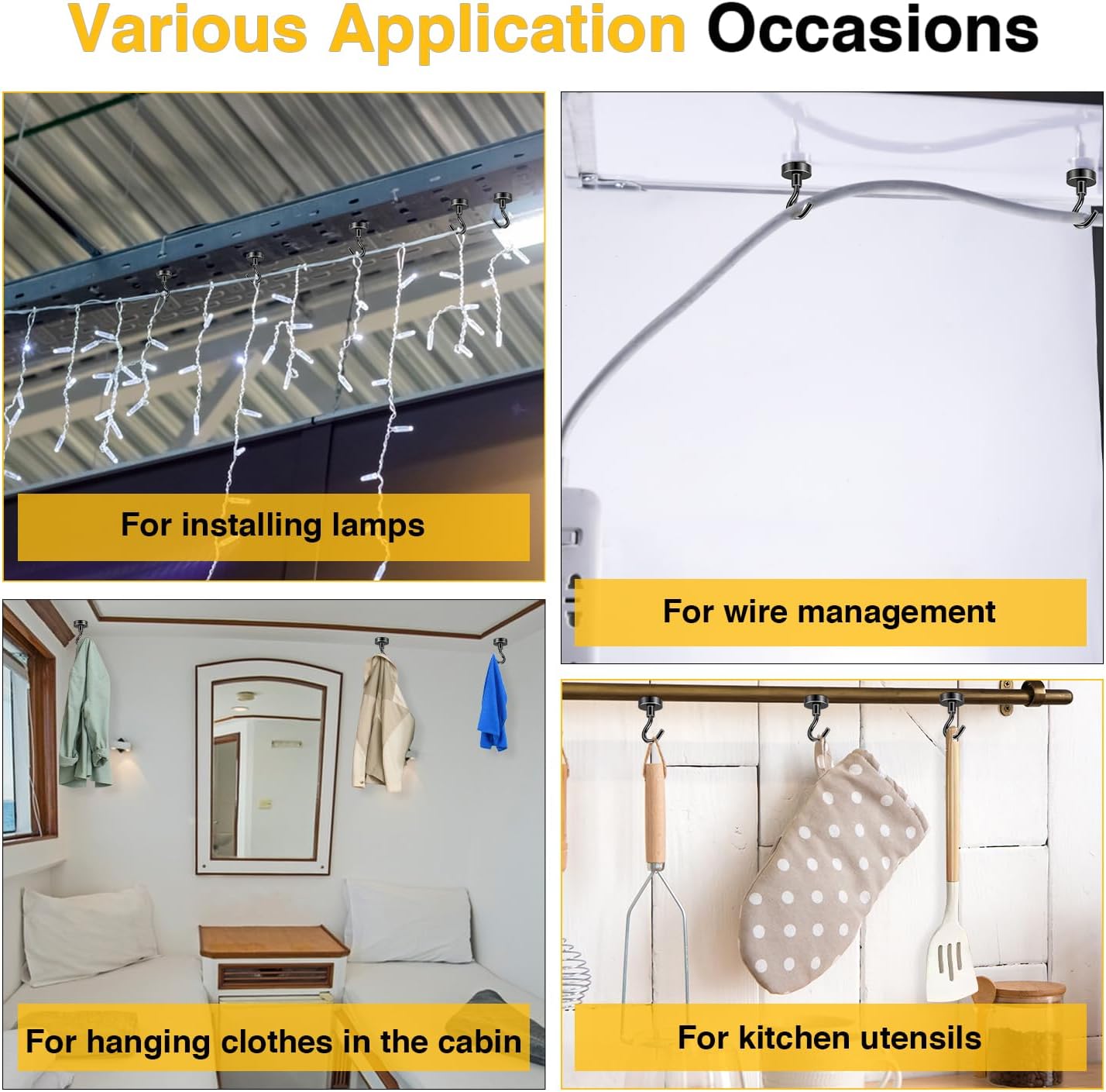 DIYMAG Outdoor Hooks for Hanging String Lights, Balck Magnetic Hooks Strong 118lbs+ Hanging Party Light Wall Cable for Outside Cruise Cabin Refrigerator Fridge Grills Must Have 10PCS