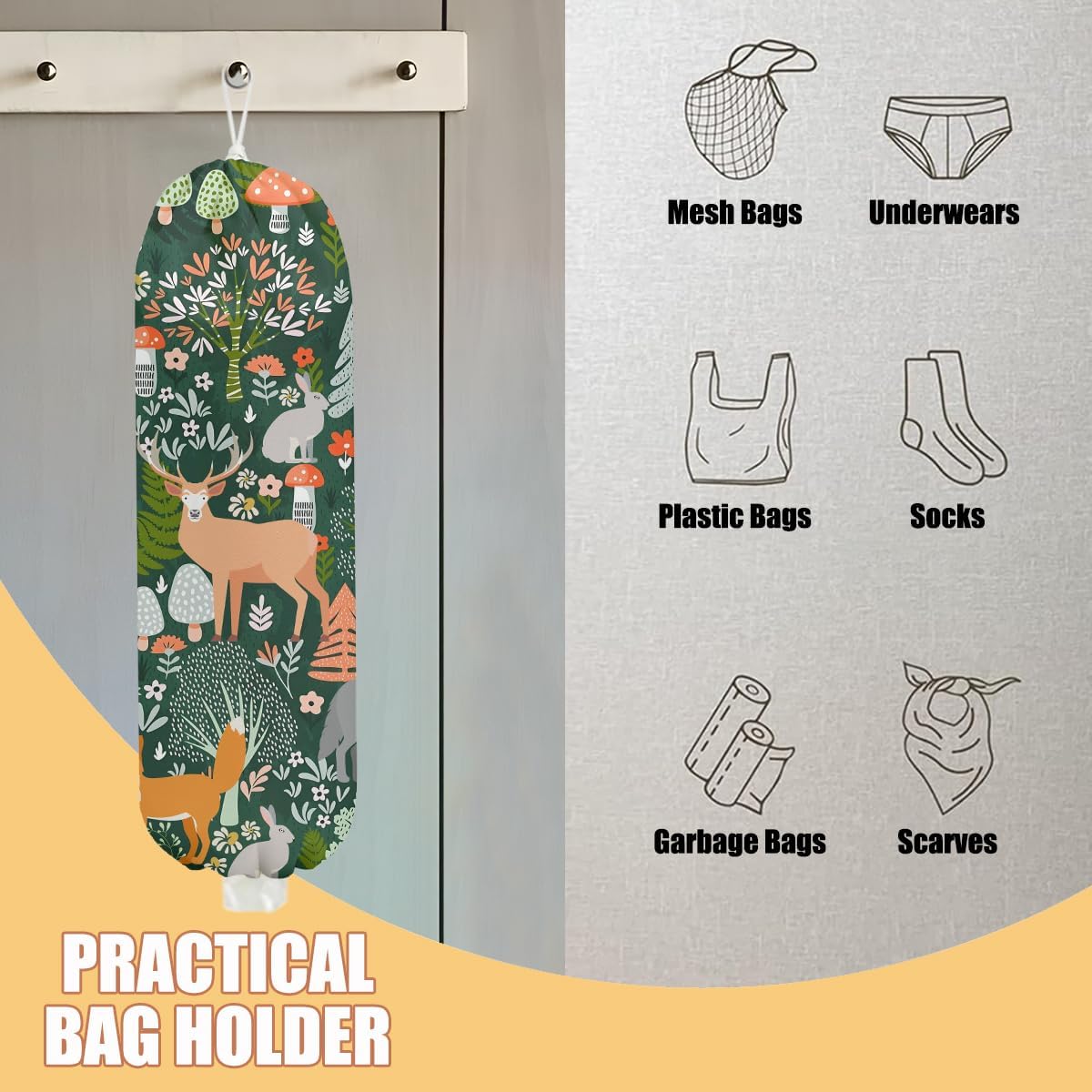 Forest Animals Plastic Bag Holder, Wall Mount Grocery Bag Holder, Plastic Storage bag, Pull Rope Free Adjustment, Plastic Bag Holders for Grocery Bags, Plastic Bag Dispenser for Home Kitchen