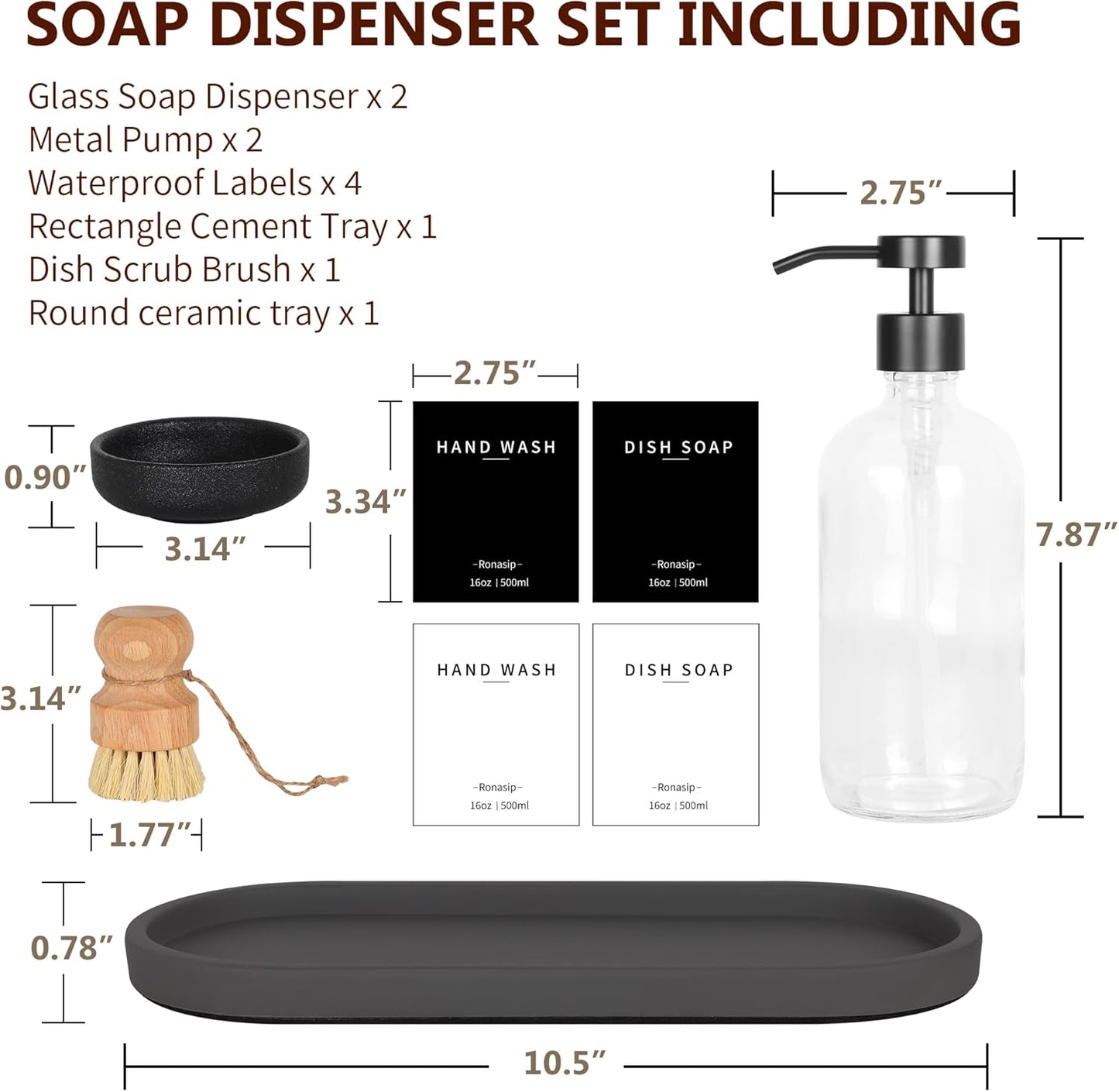 Set of 5 Kitchen Soap Dispenser Set 16 Oz Glass Hand Dish Soap Dispenser with Stainless Steel Pump, Cement Tray, Dish Scrub Brush for Farmhouse Rustic Home Bathroom Decor (Transparency)