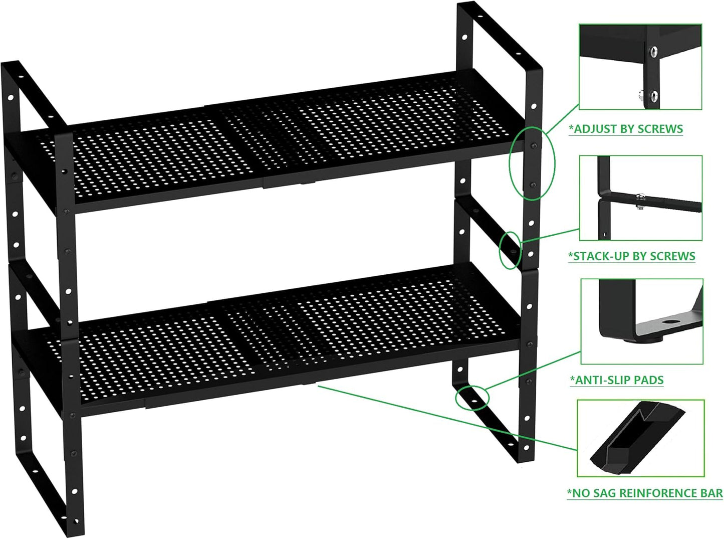 Expandable Shoe Rack Stackable Metal Pantry Storage Shelves Stand Adjustable Height Cabinet Shelf Organizer Racks Spice Shelving(1PACK/BLACK,LARGE)