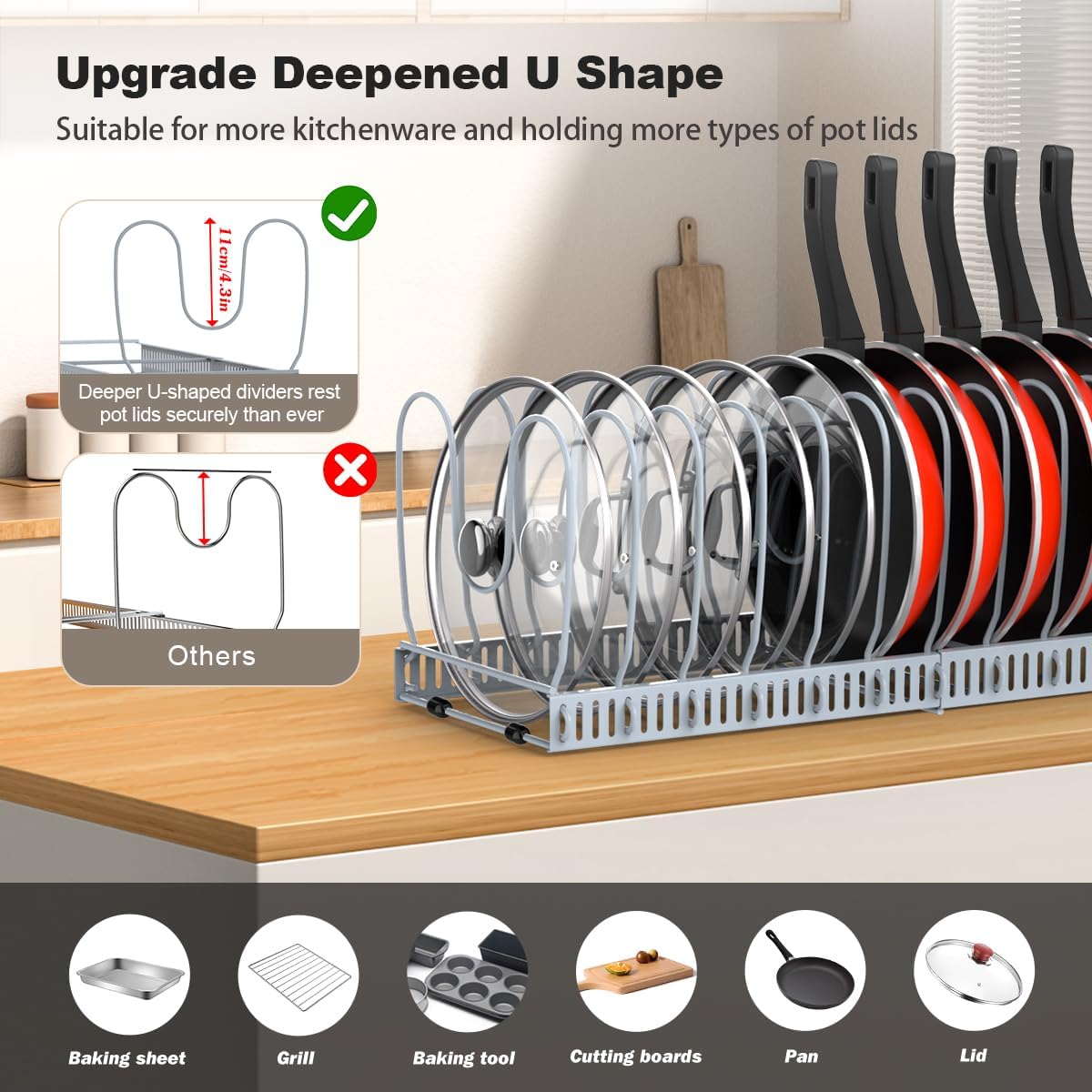 Housolution Pot and Pan Organizer Rack for Cabinet, Upgraded Expandable Pot Lid Organizer with 14 Adjustable Dividers, Pan Holder Storage Rack for Kitchen Cabinet, Grey