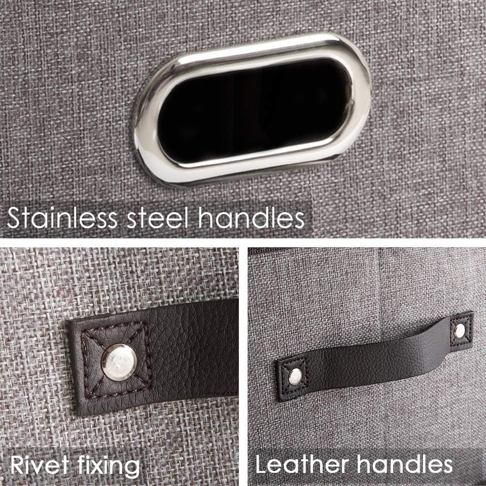 PRANDOM Larger Collapsible Storage Bins for Closet [5-Pack] Decorative Linen Fabric Storage Baskets Cubes with Leather/Metal Handles for Living Room Grey (17.3x12.2x10.4 Inch)