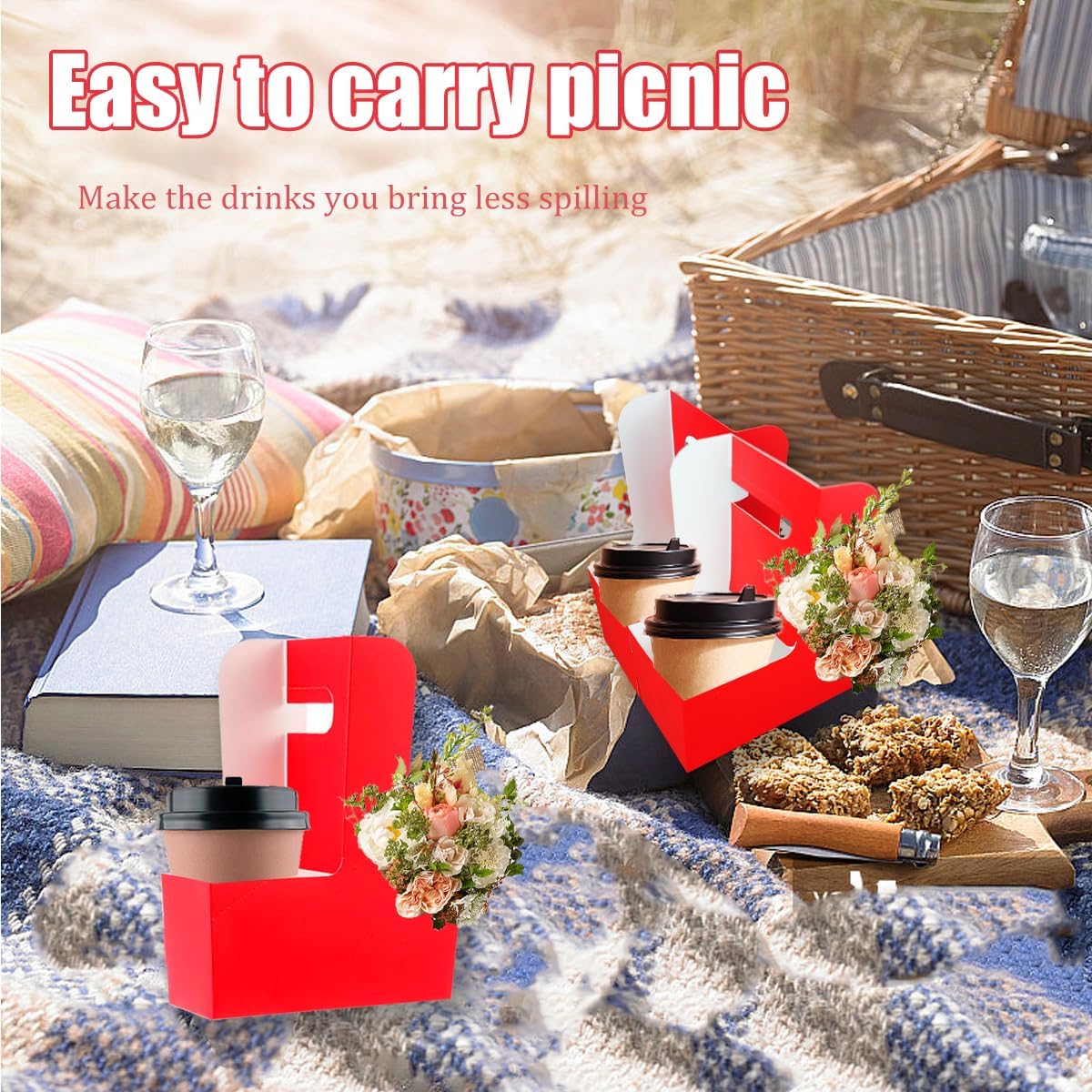 Cup Holder with Handle Disposable Drink Carrier Coffee Beverage Holders Red