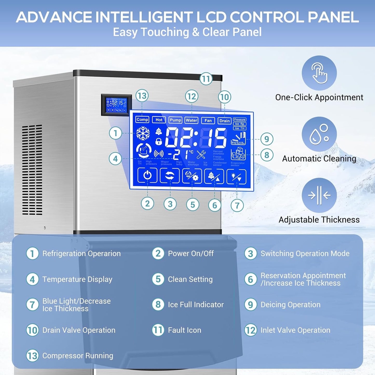 Commercial Ice Maker Machine 560Lbs/24H, Industrial Ice Machine 280 Lbs Storage Bin, 182PCS Clear Ice Cubes in 11 Mins, Freestanding Stainless Steel Ice Maker for Restaurants/Bar/Large Families