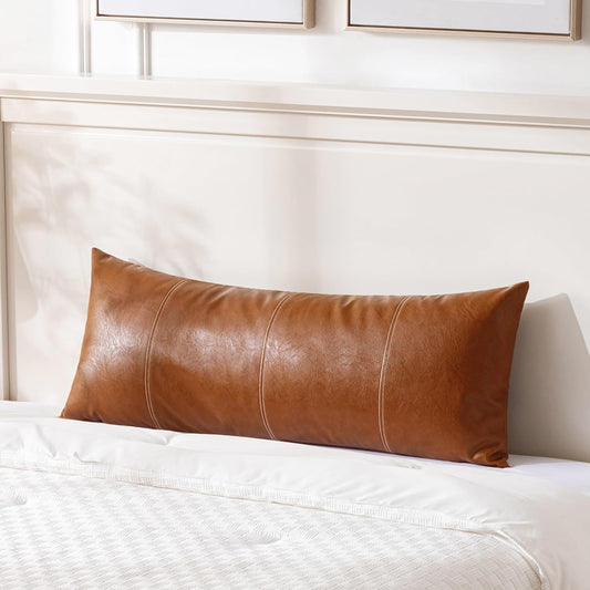 Fancy Homi Brown Boho Long Lumbar Faux Leather Body Decorative Throw Pillow Cover 14x36 Inch for Bedroom Couch Bed Sofa Bench, Hand Stitched Stylish Pillowcase, Rustic Modern Farmhouse Room Decor