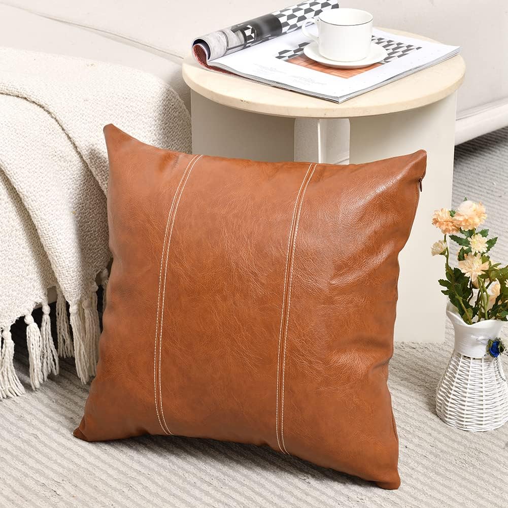 Fancy Homi Hand Stitched Brown Faux Leather Decorative Throw Pillow Covers 18x18 Inch for Living Room Couch Bed Sofa, Accent Square Cushion Case 45x45 cm, Rustic Modern Farmhouse Boho Home Decor