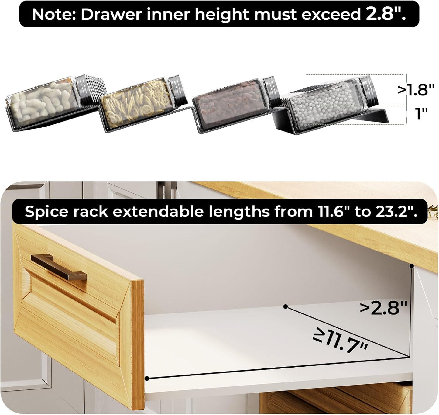 Famhap Spice Drawer Organizer, 6 Pack Drawer Seasoning Organizer Expandable from 11.6" to 23.2" Seasoning Rack Tray Insert for Kitchen Drawers, Spice Rack Tray for Drawer/Countertop (Black)