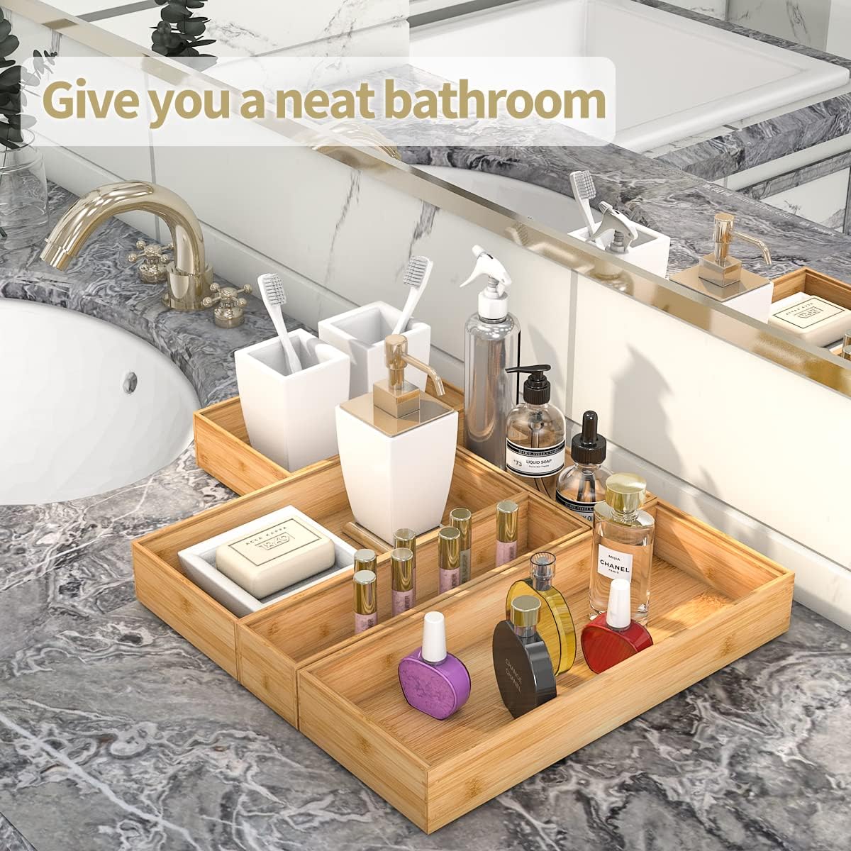 Bamboo Kitchen Drawer Organizer,Stackable Silverware Tray Utensil Organizer Cutlery Holder for Kitchen,Wooden Storage Box for Bathroom, Multi-Use Drawer Organizer for Office,Makeup(12x6x2.5 inch）