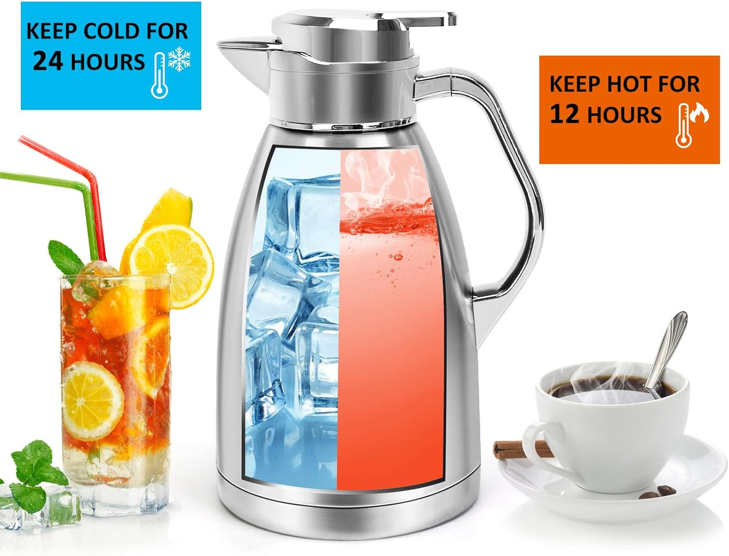 Coffee Carafes for Keeping Hot, ShineMe Stainless Steel Thermal Coffee Carafe with Cleaning Brush, Double Walled Vacuum Coffee Pot，61oz Insulated Tea & Coffee Dispenser, Long Heat/Cold Retention