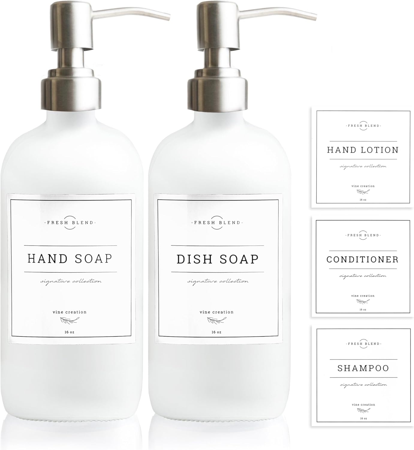 Vine Creations White Glass Soap Dispenser, 2 Pack Kitchen Soap Dispenser Set with Stainless Steel Pump, 16 oz Dish Soap and Hand Soap Dispensers for Bathroom with Waterproof Labels