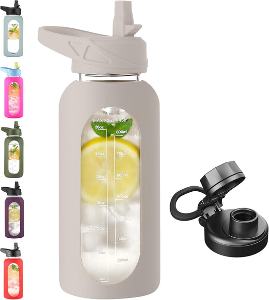 CIVAGO 32 oz Glass Water Bottle with Straw and Handle, Large Sports Motivational Water Bottle Flask with Time Marker and 2 Lids, Leakproof Water Jug Canteen with Silicone Sleeve for Gym,Apricot