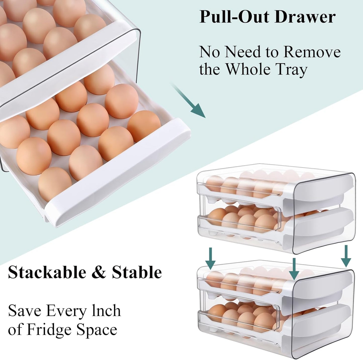 Egg Holder for Fridge, 2-Tier Stackable 40 Eggs Organizer Drawer for Refrigerator, Space-Saving Egg Container, Clear Plastic Egg Tray for Kitchen Storage