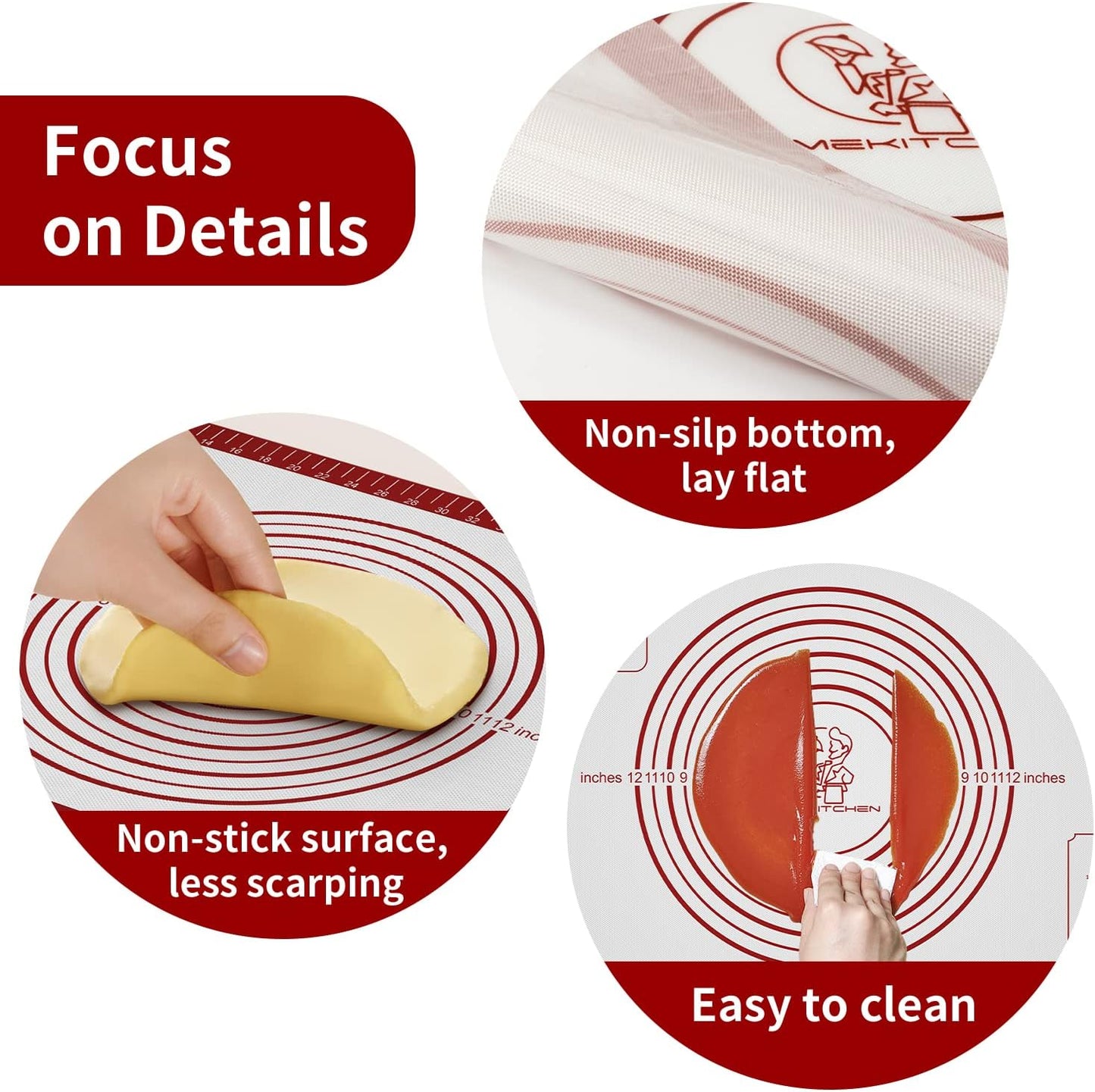 Silicone Baking Pastry Mat, Non Stick Dough Rolling Sheet with Measurement, Nonslip Kitchen Counter Mat, Oven Liner Mat Fondant Dough Kneading Mat for Making Cookies Macarons Bread Pizza