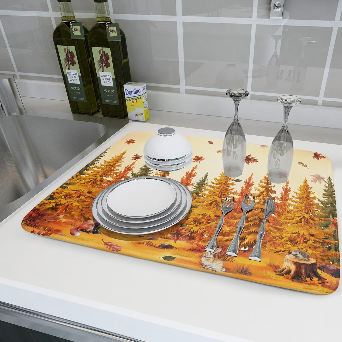 Autumn Forest Dish Drying Mat - Welcome Fall Fox Drying Pad for Counter Wildlife Dish Drainer Mat Cabin Animal Kitchen Accessories 18 X 24 Inch
