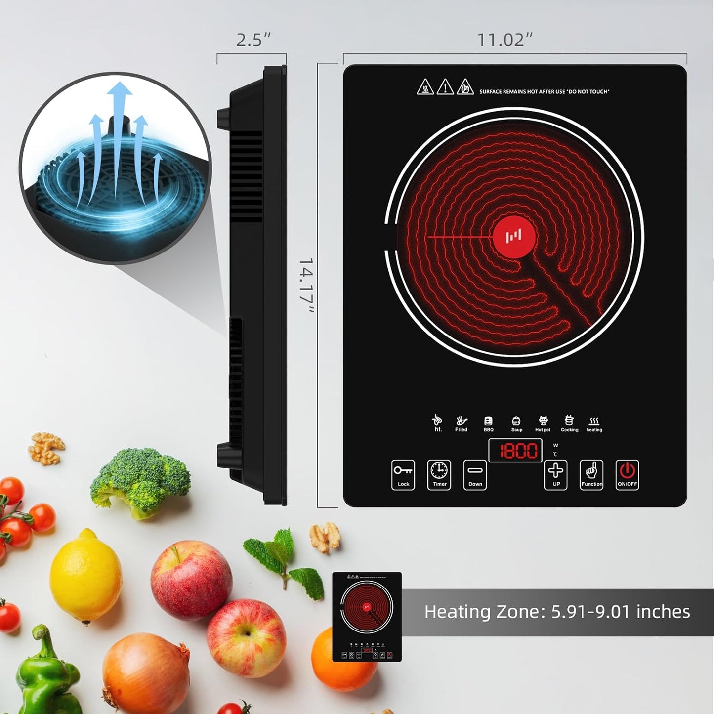 Electric Cooktop, Portable Electric Cooktop 1800W Single Burner Stove with LED Touch Screen, 8 Power & 8 Temperature Levels, Timer, 110V-120V Hot Plate for Home Camping