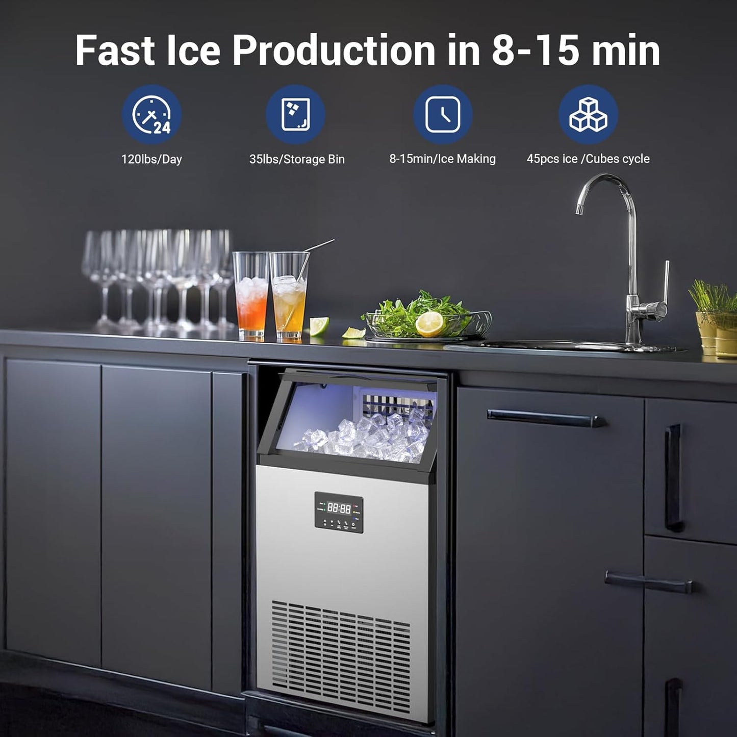 Commercial Ice Maker Machine 120LBS/24H Under Counter Ice Maker Stainless Steel Ice Ready in 8-15 min for Home Bars and Restaurants