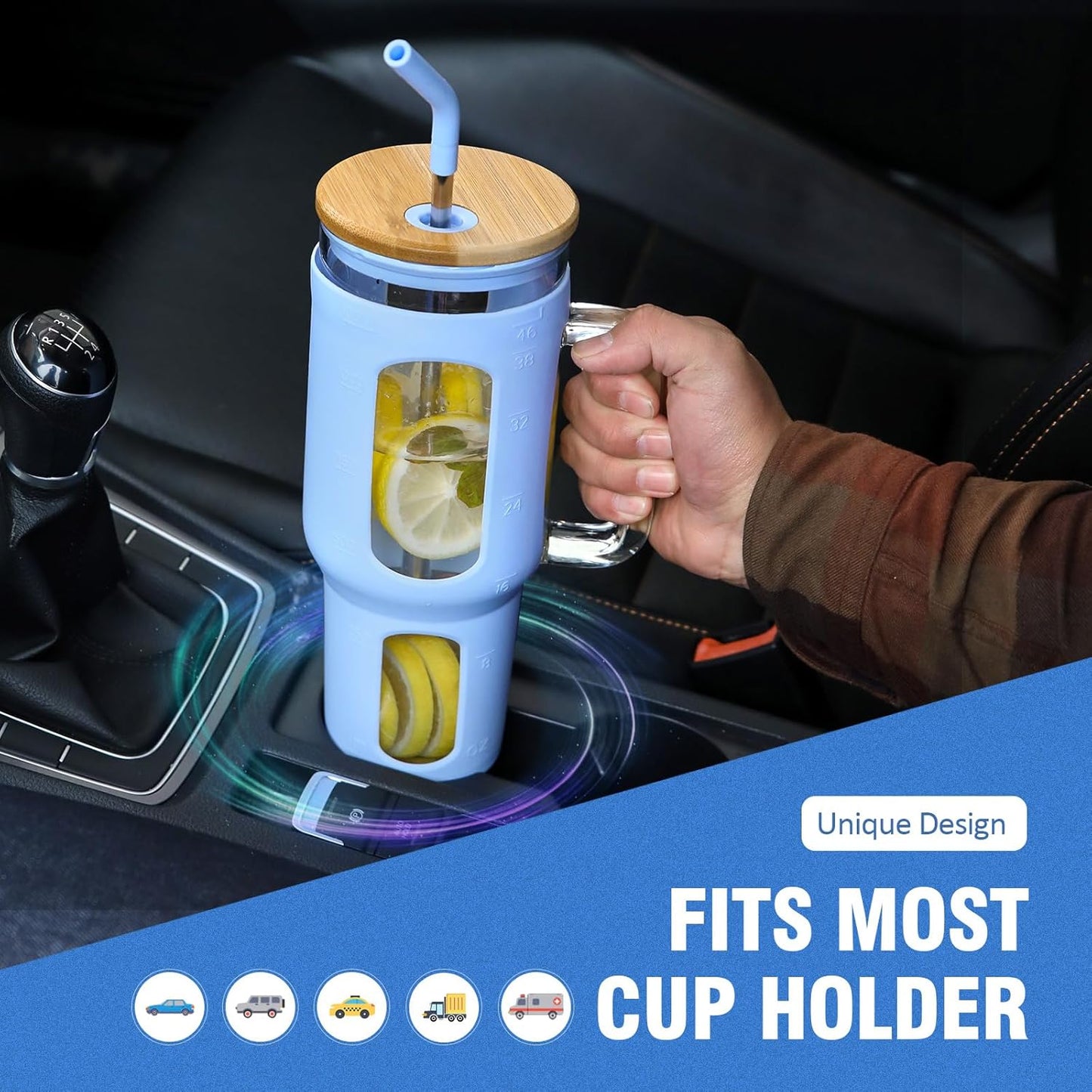 Glass Tumbler with Lid and Straw, 46 oz Iced Coffee Cup with Handle, Large Water Bottles with Silicone Sleeve, Glass Cup with Straws - Pearl Straw & Drinking Straw BPA Free-Glacier