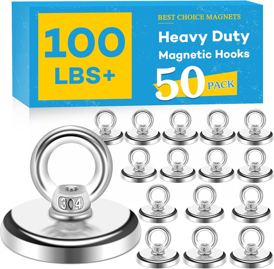 Magnetic Hooks, 100 LB（45KG） Heavy Duty Magnetic Hooks with Countersunk Hole Eyebolt, Perfect for Home, Kitchen, Workplace, Office and Garage, Pack of 50