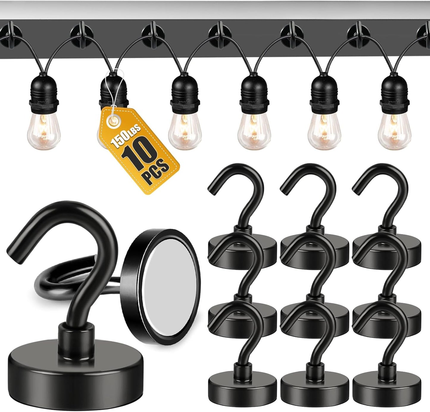 DIYMAG Outdoor Hooks for Hanging String Lights, Balck Magnetic Hooks Strong 150lbs+ Hanging Party Light Wall Cable for Outside 2025 Cruise Cabin Refrigerator Fridge Grills Must Have 10PCS