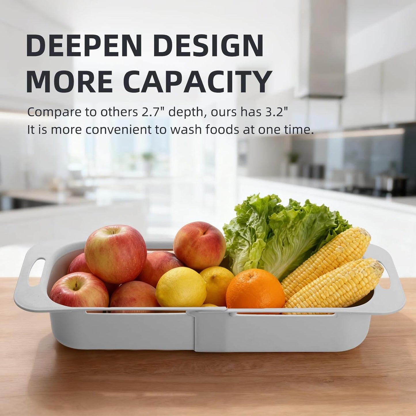 Extended Long Over the Sink Colander, Wash Vegetables Fruits Collapsible Colander Strainer, 14.5"-19.3" Extendable Kitchen Sink Accessories for Dishes Drying, Vegetable Basket, with Peeler