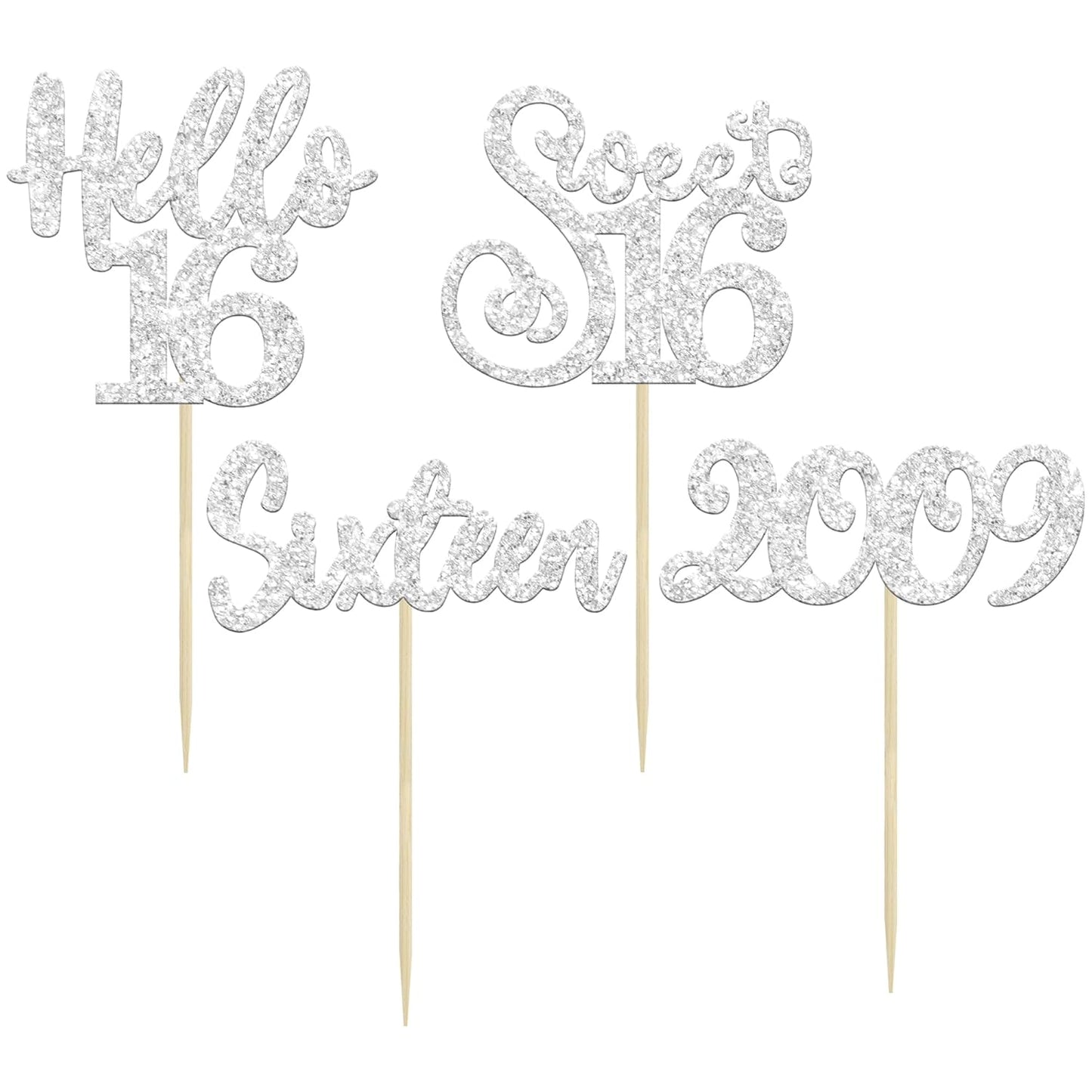 Gyufise 24Pcs 16th Birthday Cupcake Toppers Silver Glitter Hello 16 Sweet 16 Cupcake Picks 2009 16th Birthday Cake Decorations for Celebrating 16th Birthday Anniversary Party Supplies