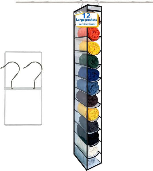 Closet Organization,12 Section, Hanging Closet Organizer, Space Saving, College Dorm Essentials for Girls,Heavy dutys Hooks Up to 45 Pounds,Clothes Storage,Closet Organizer,White/Black