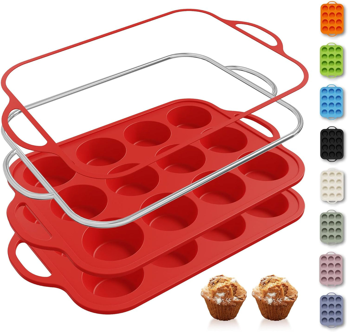 2 Packs 12 Cups Silicone Muffin Pan for Baking with Metal Reinforced Frame Regular Size Cupcake Pan Tray Egg Bites Silicone Cookie Molds Muffin Tin Tart Pans Sheet Set for Oven Dishwasher Safe