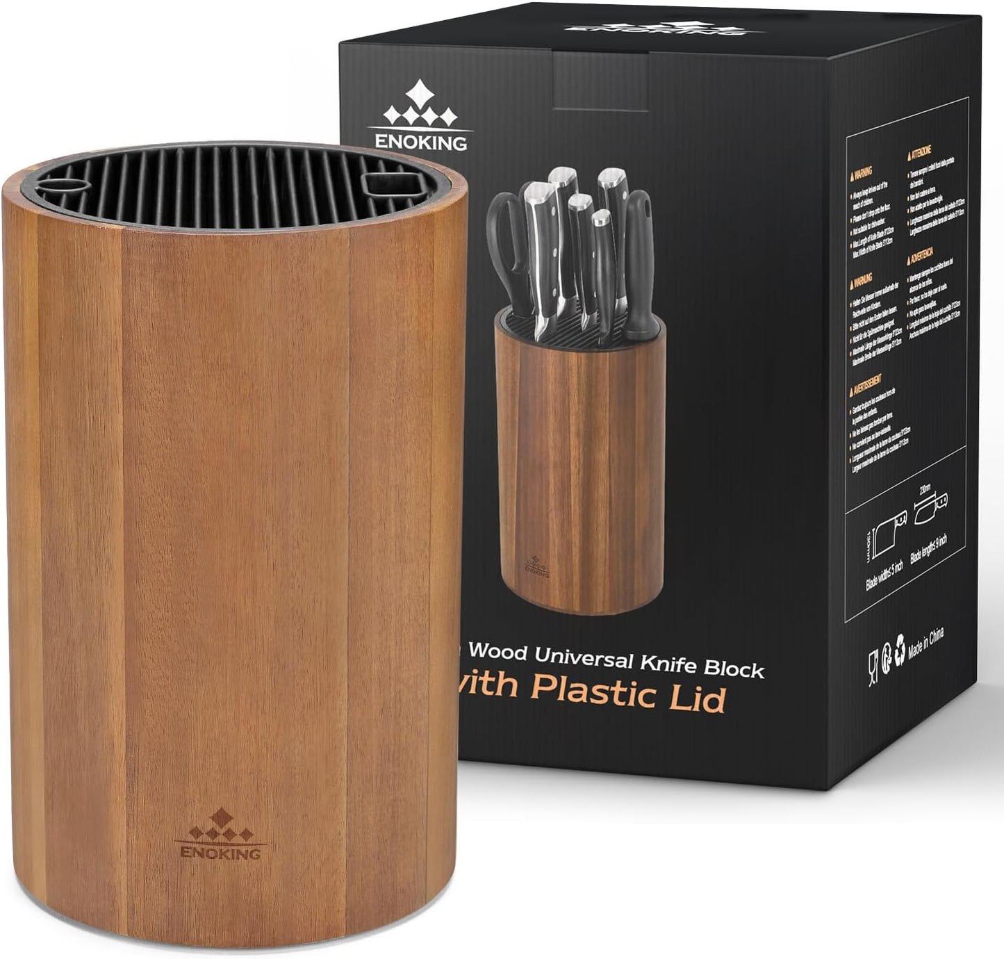 Enoking Universal Knife Block Holder with Plastic Lid, Acacia Wood Knife Block without Knives for Scissors, Sharpening Rod and Knives, Round Knife Storage Organizer Display