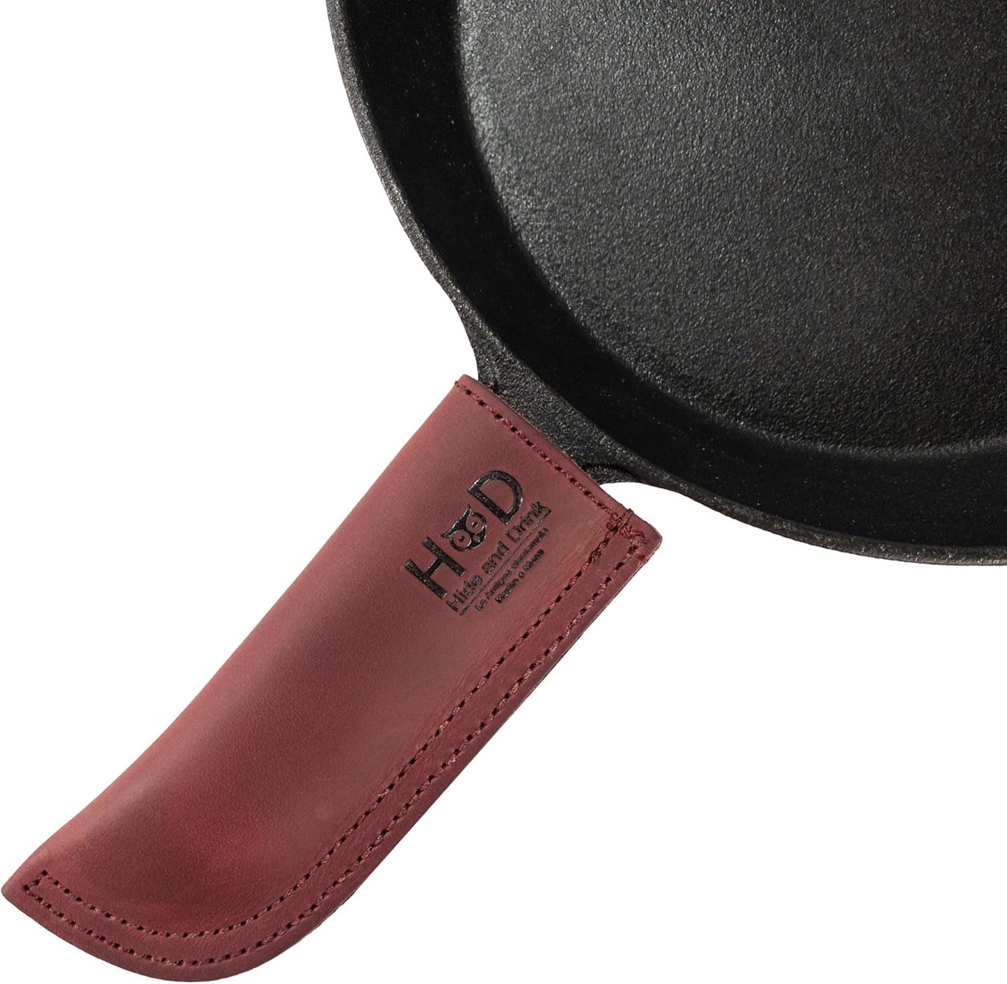 Hide & Drink, Hot Handle, Cast Iron Protector, Panhandle Potholder, Double Layered, Double Stitched, Slides On/Off Easily onto Metal Skillet Grips, Full Grain Leather, Handmade, Sangria