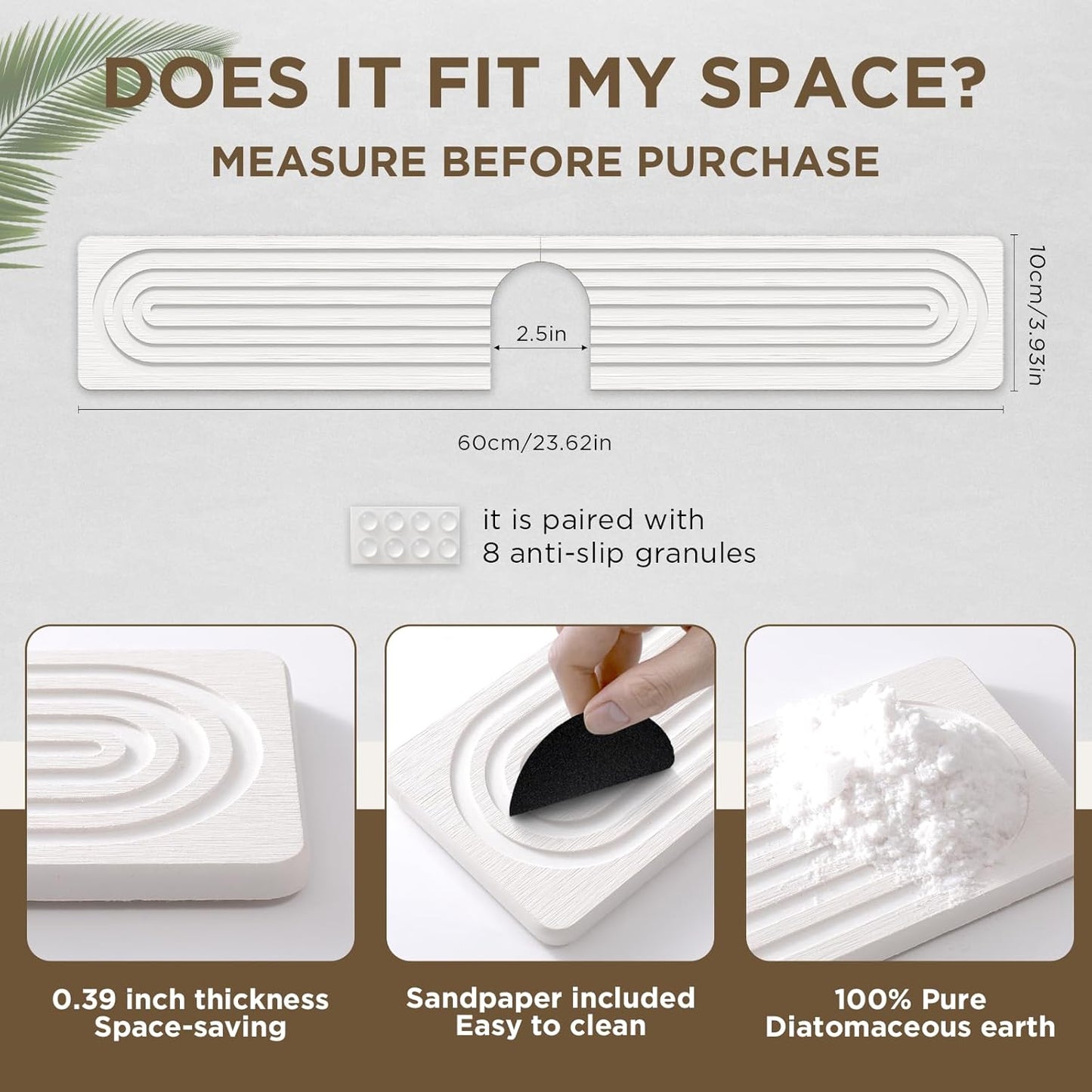 Faucet Mat for Kitchen Sink, Diatomite Stone Drying Sink Protectors, Bathroom Faucet Splash Guard, Quick Dry Water Absorbing, Non-Slip Stone Tray for Kitchen Counter, White, 23.6" x 3.9"