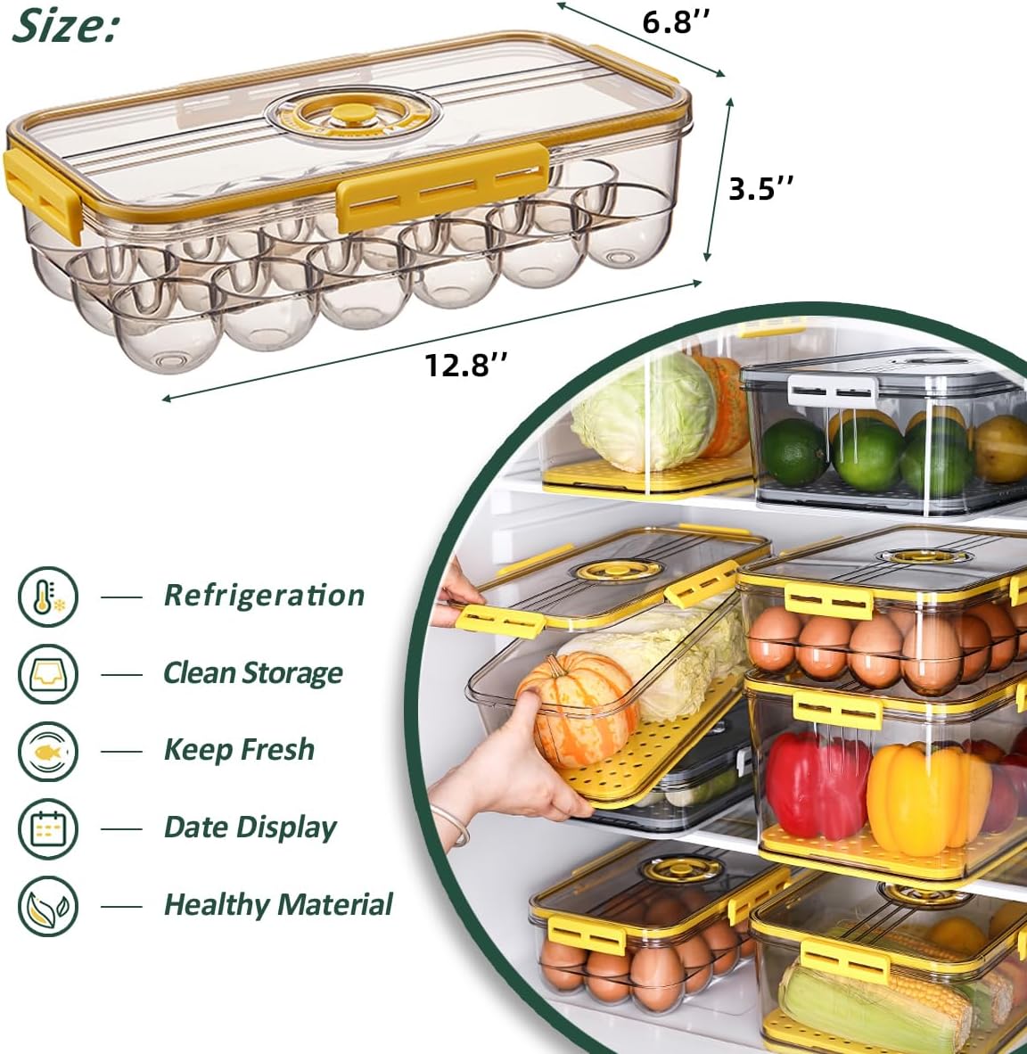 CottonColors Egg Holder for Fridge - 18 Container for Refrigerator, Plastic Organizer, Stackable Storage With Lids for Timer