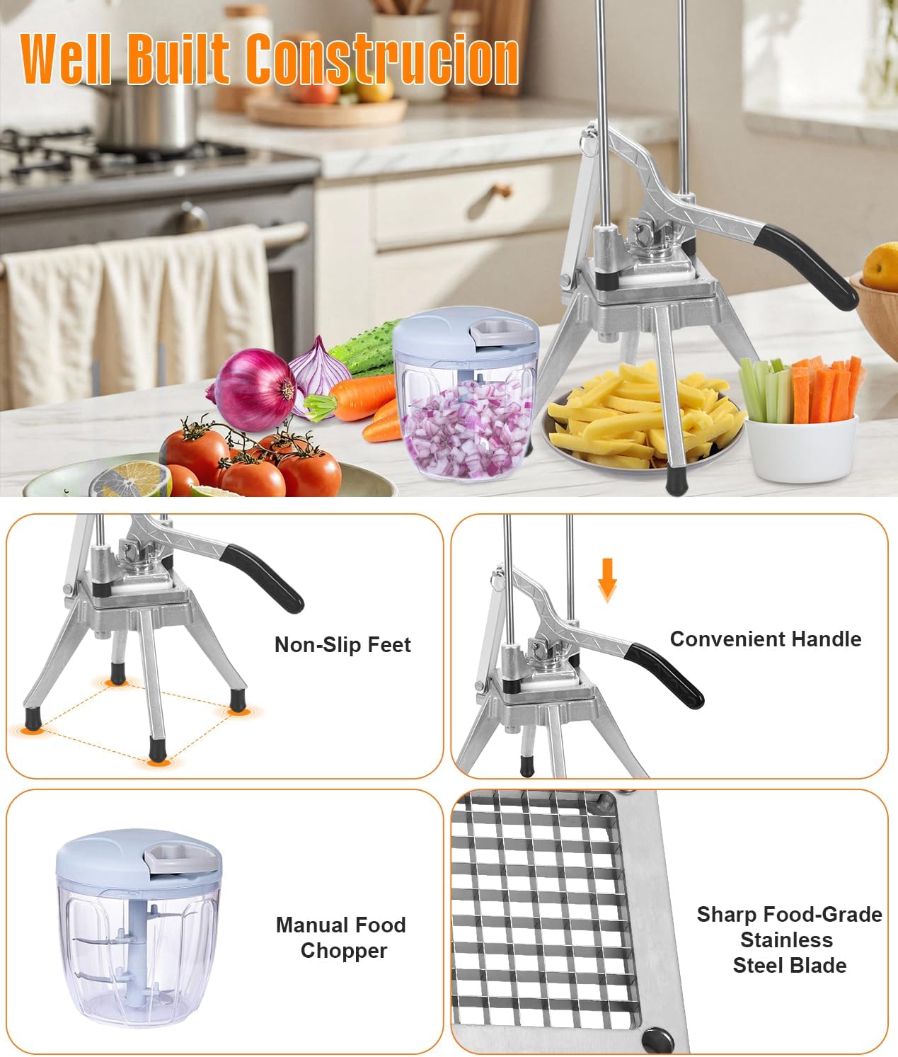 Commercial Vegetable Fruit Chopper 1/4″&3/8″ Blade Heavy Duty Professional Food Dicer Kattex French Fry Cutter Onion Slicer Stainless Steel For Tomato Peppers Potato Mushroom, Silver