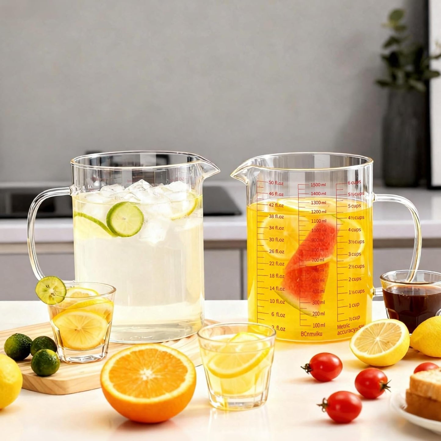 BCnmviku Glass Measuring Cups High Borosilicate [Insulated Handle | V-Shaped Spout]For Prepping Baking and Cooking Preheated Oven Dishwasher Freezer and Microwave Safe (1500 ml with silicone)