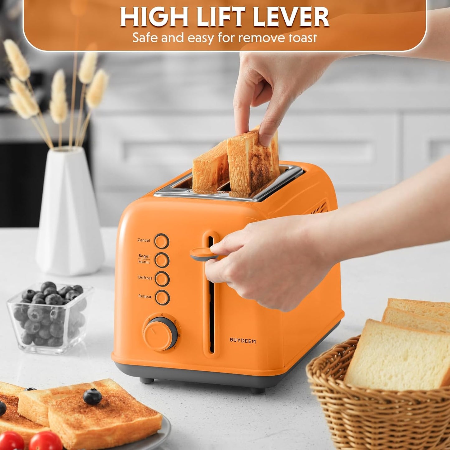 BUYDEEM DT620 2-Slice Toaster, Extra Wide Slots, Retro Stainless Steel with High Lift Lever, Bagel and Muffin Function, Removal Crumb Tray, 7-Shade Settings,Orange