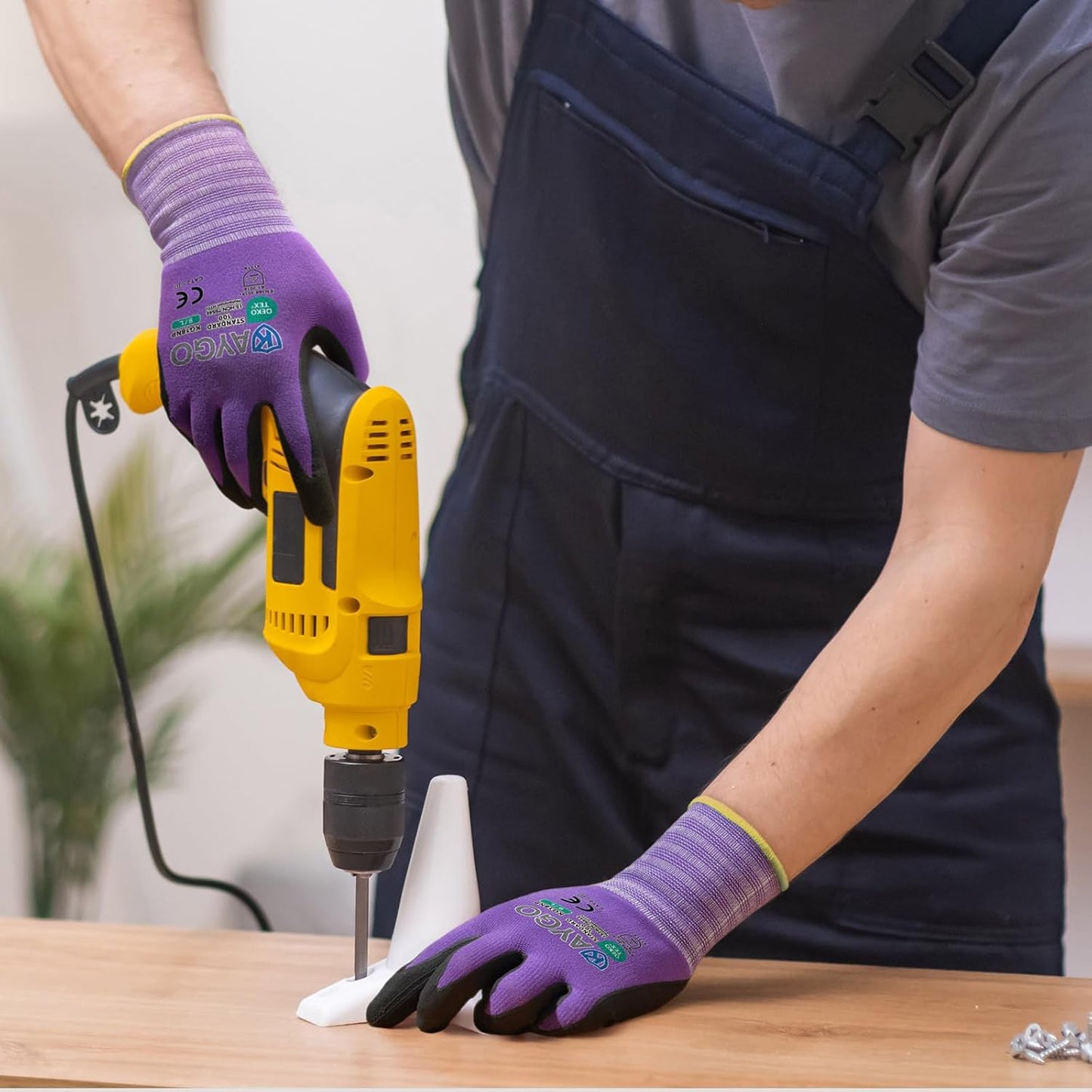 KAYGO Safety Work Gloves MicroFoam Nitrile Coated, 3 Pairs KG18NB,Seamless Knit Nylon Glove for Men and Women, Ideal for Automotive,Warehouse,Construction (L,Purple)