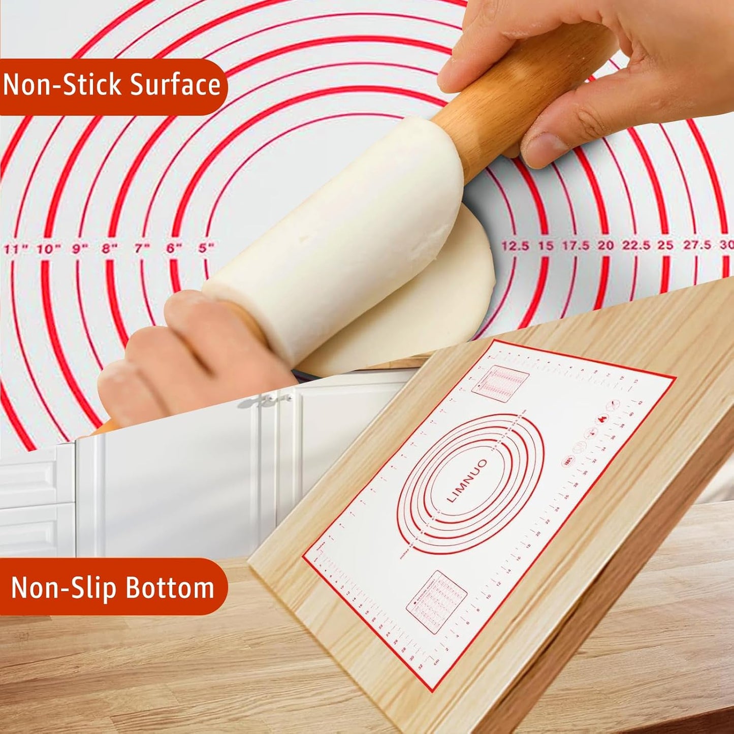 Silicone Baking Mat - Non Stick Pastry Mat Sheet for Dough Rolling, 0.7MM Thick Non-slip Baking Mat With Measurements, Reusable, Easy Clean Silicone Mats for Kitchen Counter (Black)