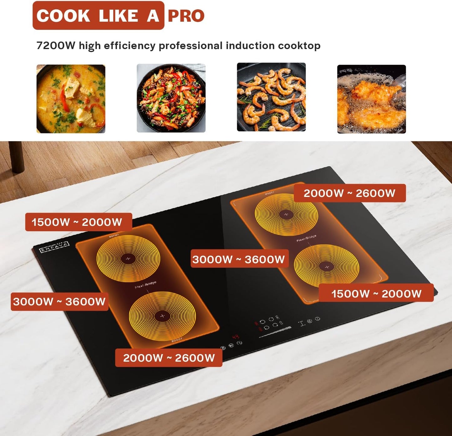 Empava 30 Inch Electric Induction Cooktop 4 Burners, Flat Glass Top Stove with Bridge Function, Timer, Pause, Child Lock, Booster, Slider Level Control, Shutdown, Auto Pan Detection, Black