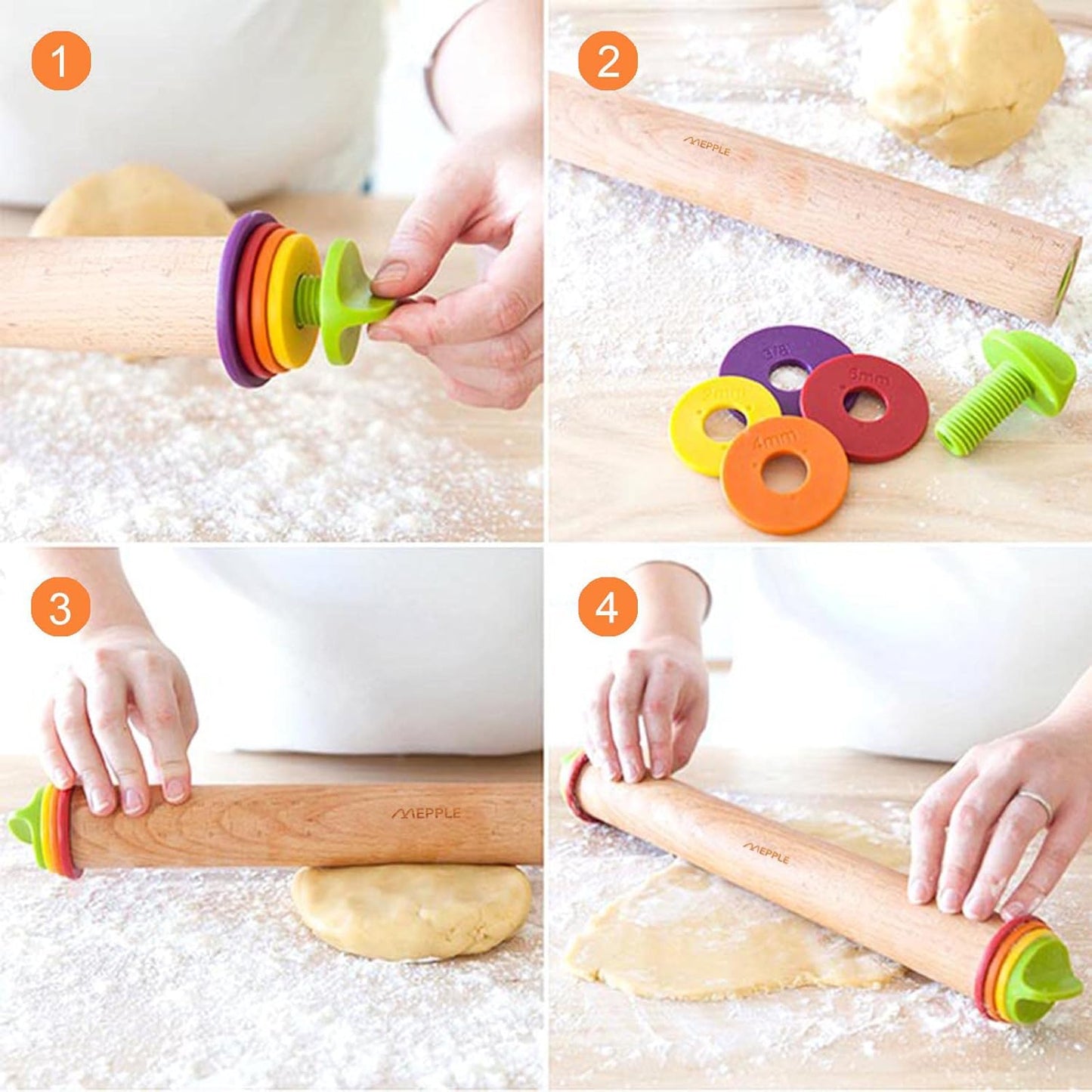 Rolling Pin with Thickness Rings for Baking,Fondant, Pizza, Pie Crust, Cookie, Pastry, Roller Rod for Dough Thickness, 13.6" Adjustable Wood Rolling Pin with 4 Thickness Rings and Wooden Stand