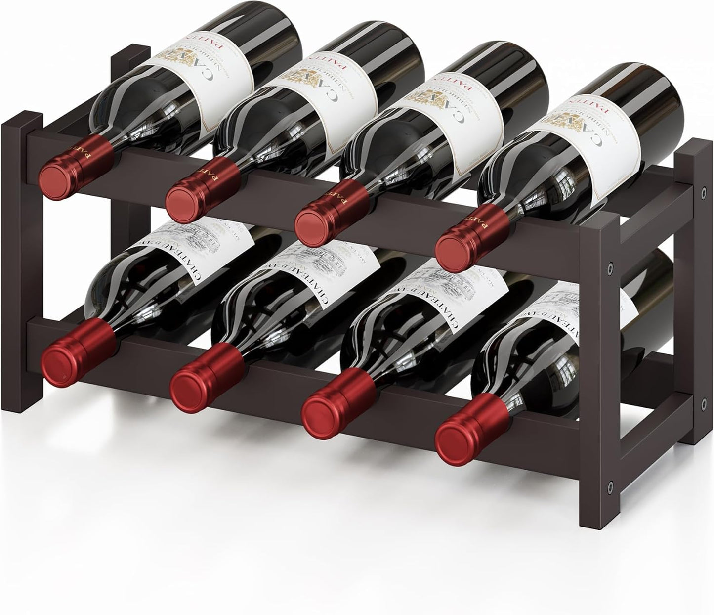 BAMEOS Bamboo Wine Rack, 2 Tier Wine Racks Countertop Storage, Wine Bottle Holder Wine Rack freestanding Floor for Kitchen, Bar, Pantry, Wine Cellar, Basement,Study, (16.85 L x 9.25W x 7H) Espresso
