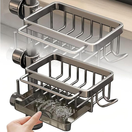 Kitchen Sink Faucet Organizer Rack – Over Faucet Sponge Holder for Kitchen & Bathroom, Aluminum Caddy for Dish Soap, Brush, Cloth, Rustproof Sink Accessories (Right Grey)