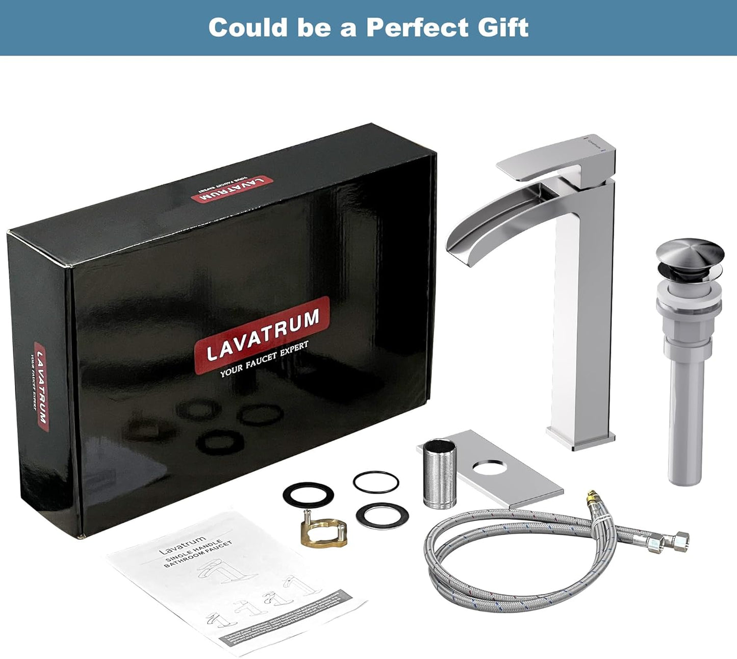 Bathroom Faucet Tall Vessel Waterfall Faucet Brushed Nickel Deck Mount Single Handle Lavatory with Water Supply Line