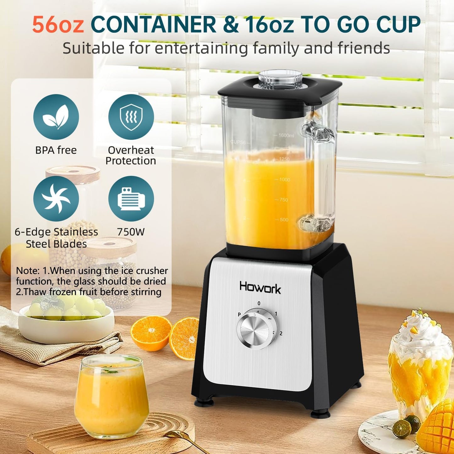 HOWORK Blender for Smoothies, 750W Personal Blender, 56 Oz Glass Jar, 16oz Portable Cups,2+p speed, 3 Functions for Smoothies, Frozen Drinks & Ice Cream,Black