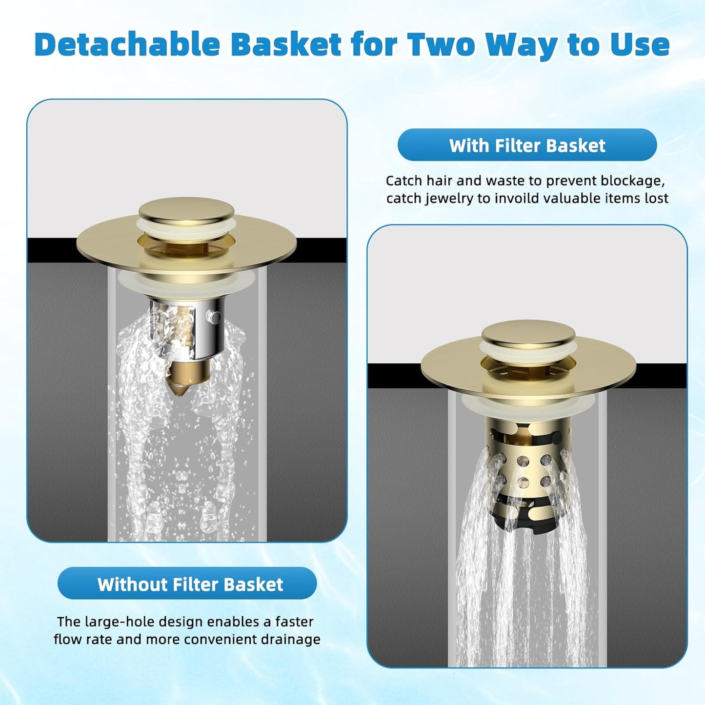 Universal Bathroom Sink Stopper Hair Catcher Upgraded with 2-Layer Detachable Filter Basket, 4 in 1 Pop Up Drain Strainer, Anti-Clog, Odor-Block, Fit for 1.1''~2.36'' Sinks, 2PCS, Brushed Gold