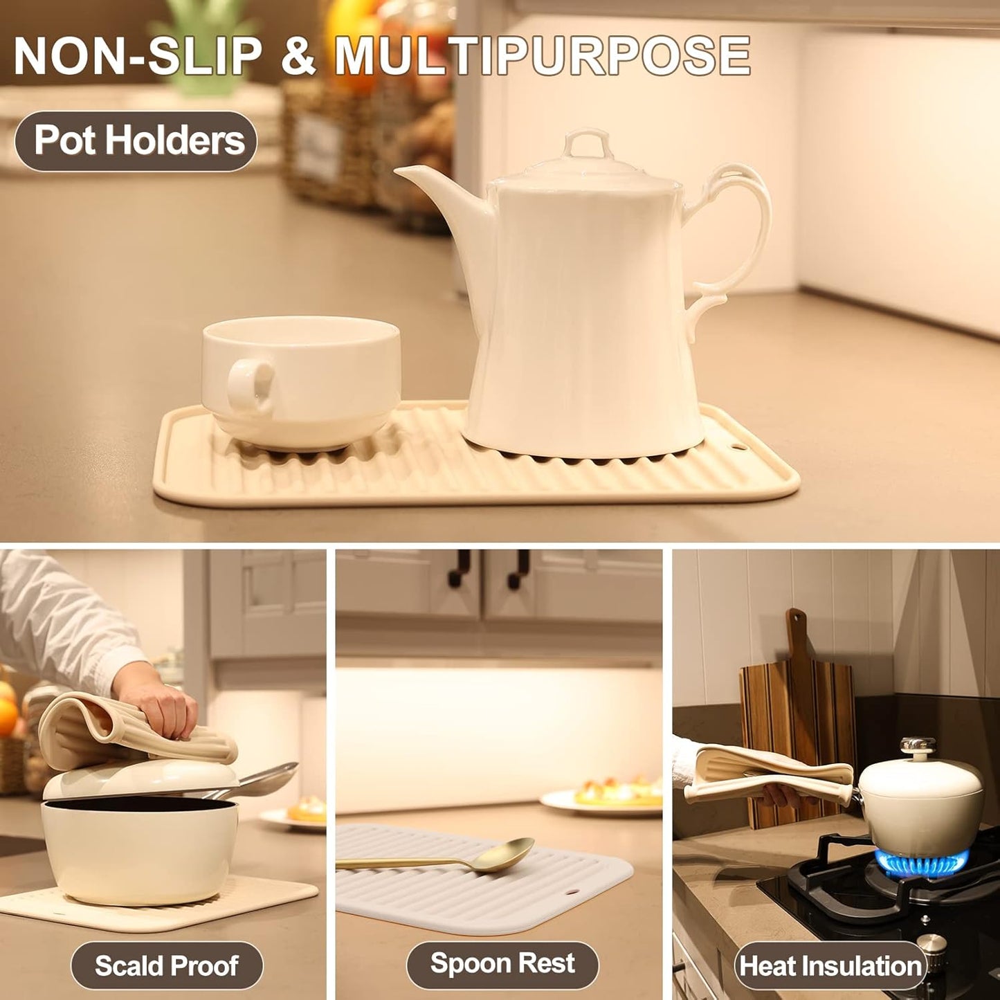 Joyhalo Trivets for Hot Dishes - Hot Pads for Kitchen, Silicone Trivets for Hot Pots and Pans, Hot Plates to Protect Table, Quartz Countertops Heat Resistance to 480°F, Set of 2, Khaki